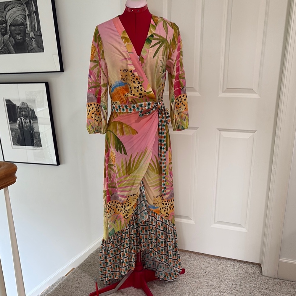 FARM Rio Pink and Green Resort Gown with Bishop Sleeves